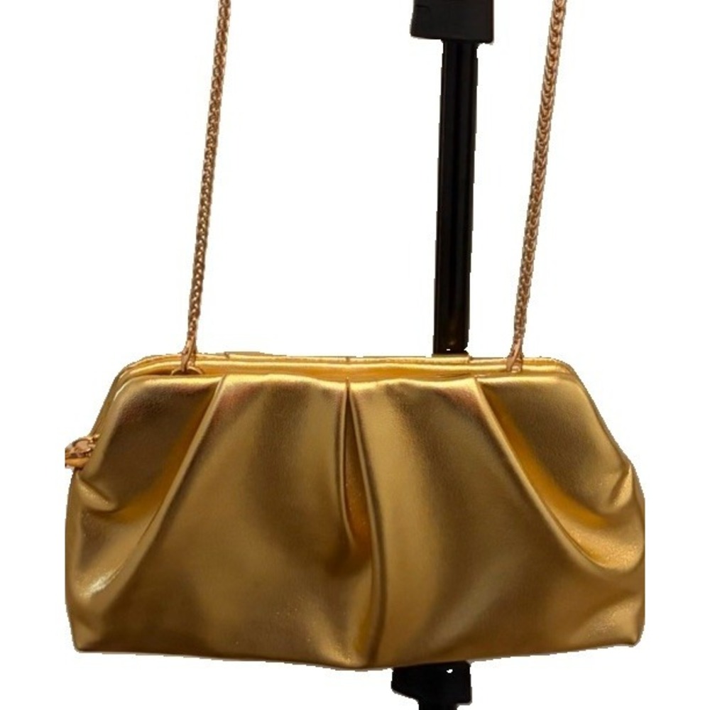 Metallic Gold Ruched Cloud Clutch Bag Dumpling Shape with Chain Strap Party EUC
